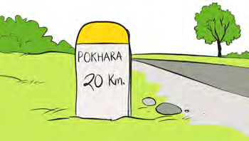 A milestone reading Pokhara 20 km. The kilometre measures distance.