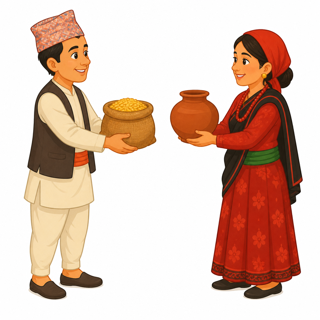 धानको बोरा दिएर माटाको भाँडो लिइँदै: मुद्रा चल्नुभन्दा अघि किनबेच यसै गरी हुन्थ्यो।