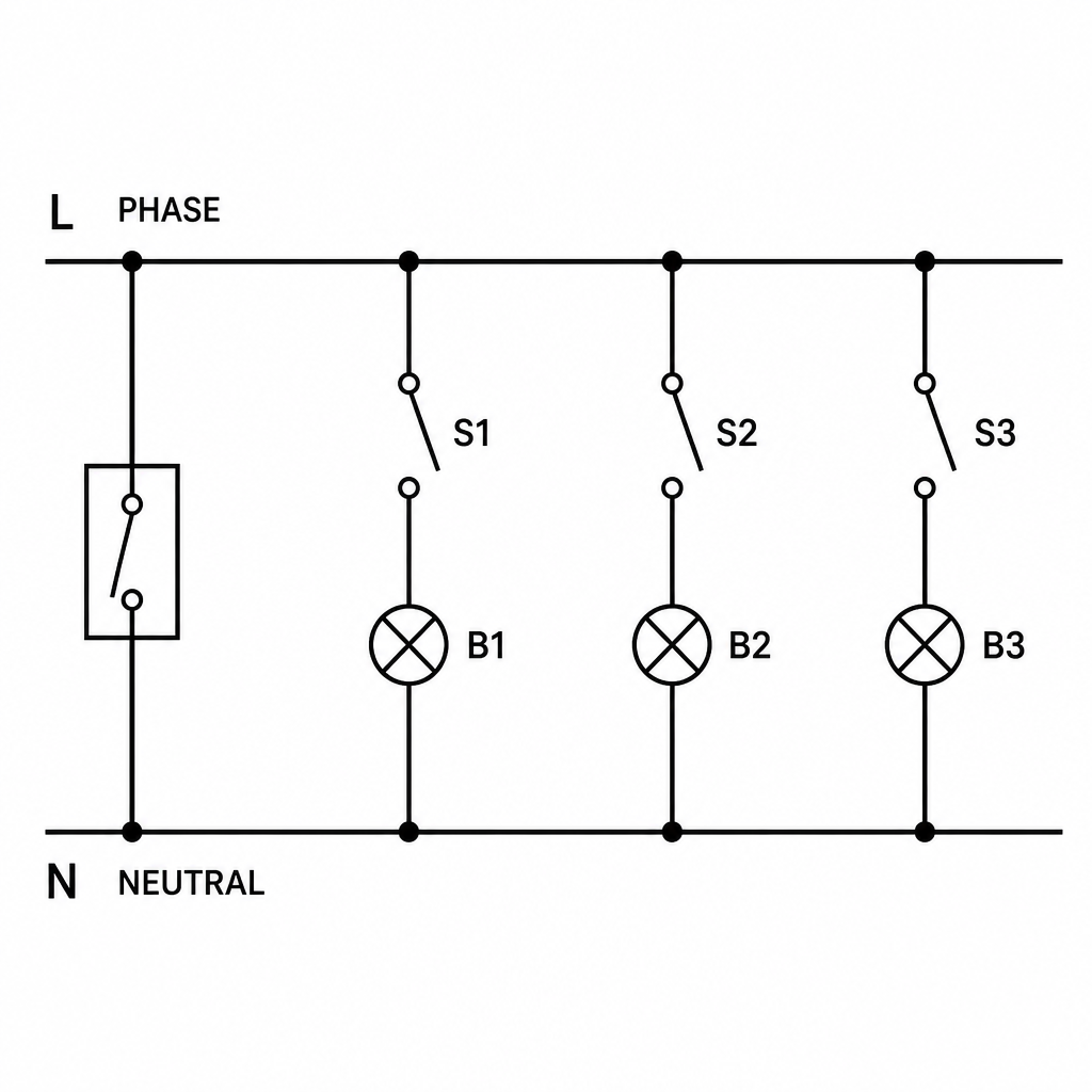 Three bulbs hang on three separate branches between the phase and neutral wires, and each bulb has its own switch on the phase side.