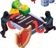 Thieves forcing a password to reach a victim's money, while a shield stands for the protection that could stop them.