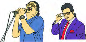 A singer performs at a microphone while an actor gets ready for his role.