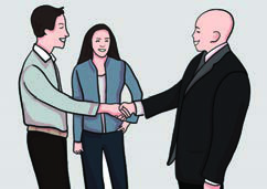 Two men shake hands while the woman who has just introduced them stands between them.