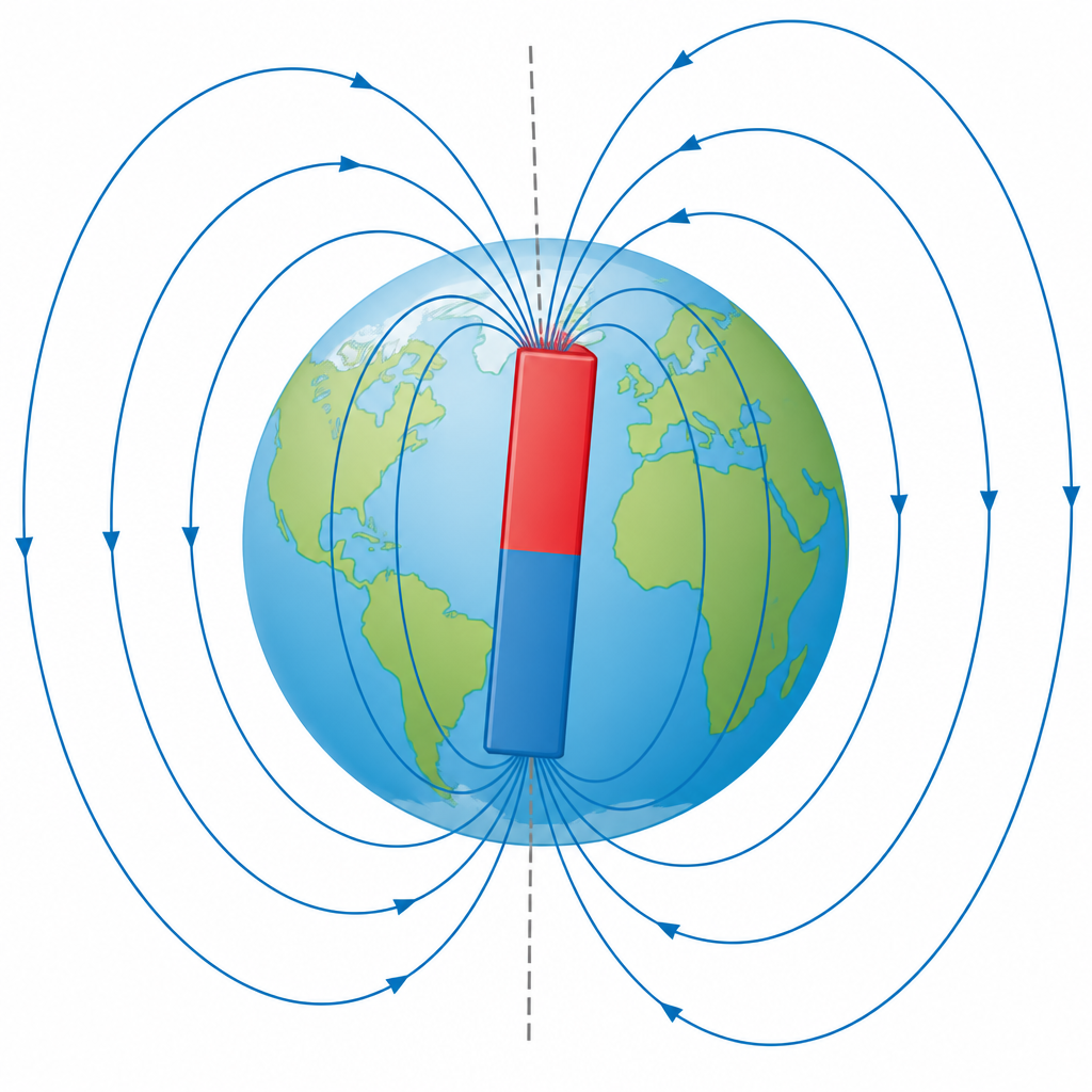 The Earth's magnetic field looks as though a bar magnet were buried inside, with the magnet's axis tilted a little away from the axis the Earth spins about.