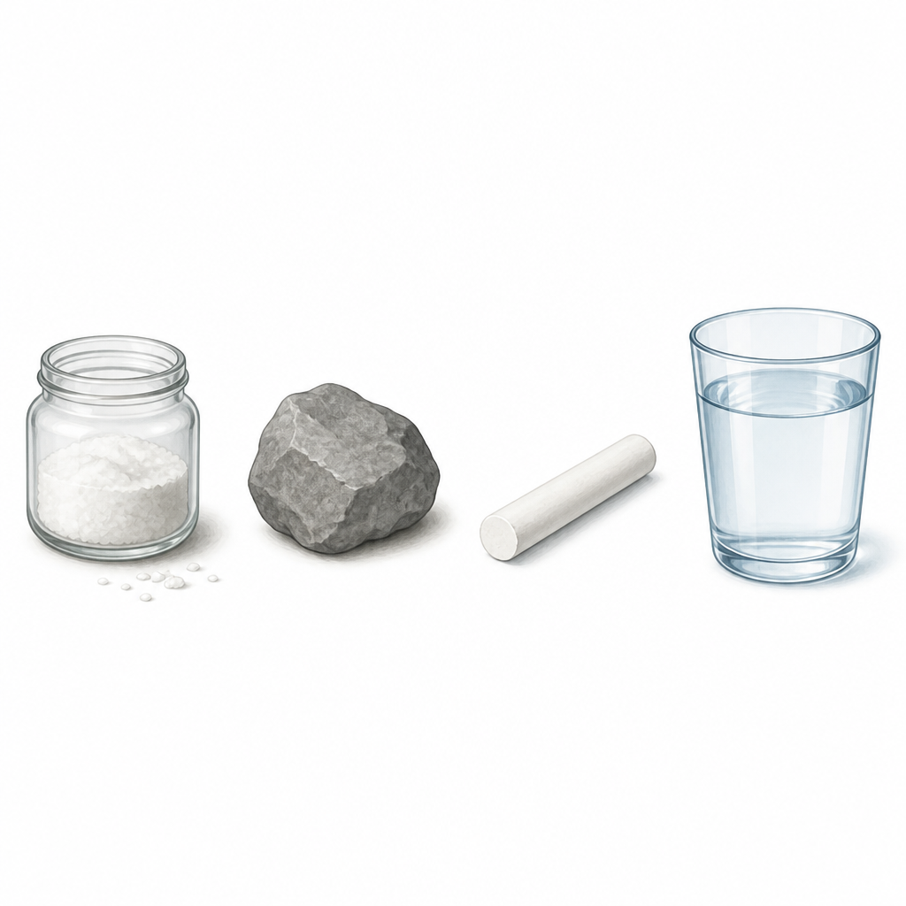 Salt, stone, chalk and water: everyday substances that are inorganic compounds.