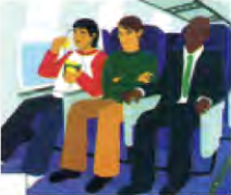 Three passengers sitting side by side in an aeroplane