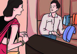 A salesperson showing goods to a customer across the counter: the situation of the listening task.