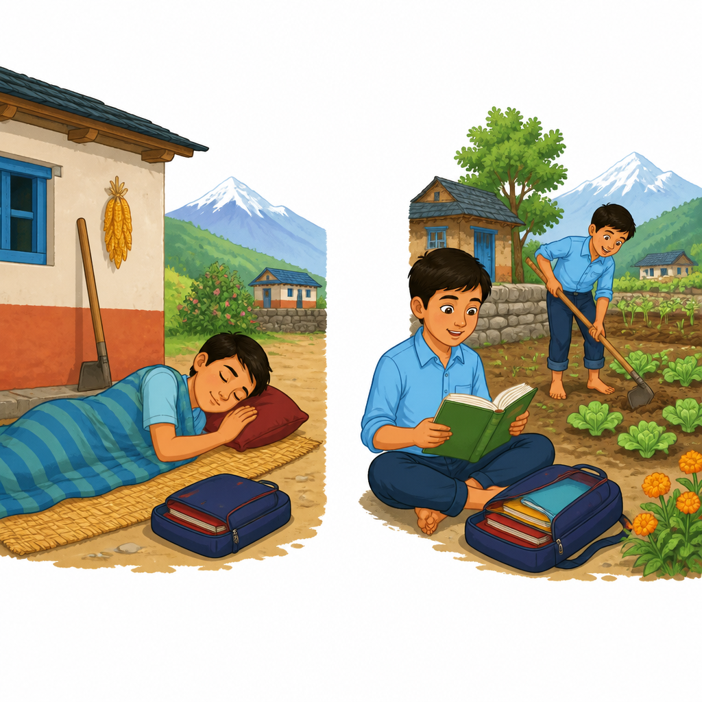 'घोर नीद' भनेको ओछ्यानको निद्रा मात्र होइन भन्ने बुझाउन एउटै केटो एकातिर दिउँसै सुतिरहेको र अर्कातिर उठेर पढ्दै र खनजोत गर्दै गरेको।