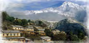 A hill village of slate-roofed houses below a snow mountain: green, quiet and spread out.