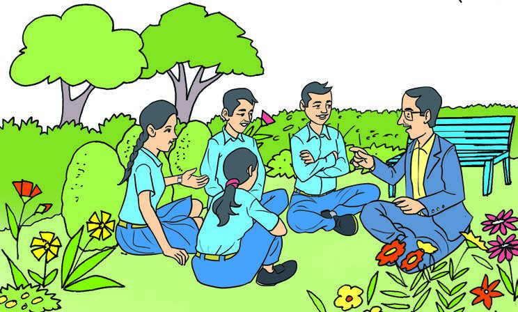 उद्यानमा घेरा बनाएर बसेका शिक्षक र नौ कक्षाका विद्यार्थीहरू पर्यावरण सन्तुलनबारे कुराकानी गर्दै