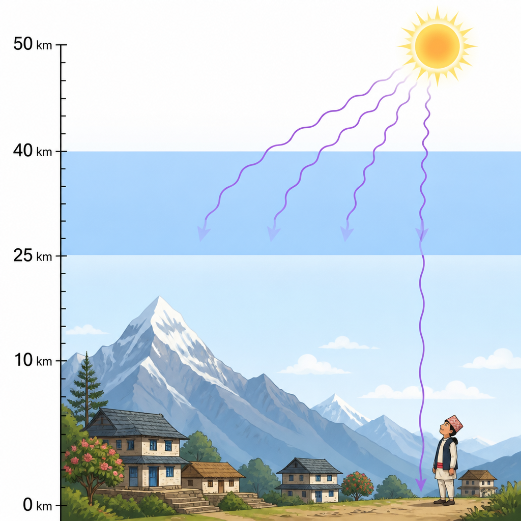 The ozone layer in the stratosphere soaks up most of the Sun's ultraviolet rays, so very few of them reach the ground.