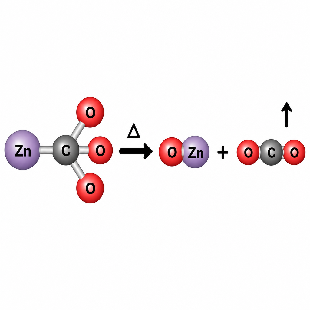 Heating zinc carbonate splits one compound into zinc oxide and carbon dioxide gas.
