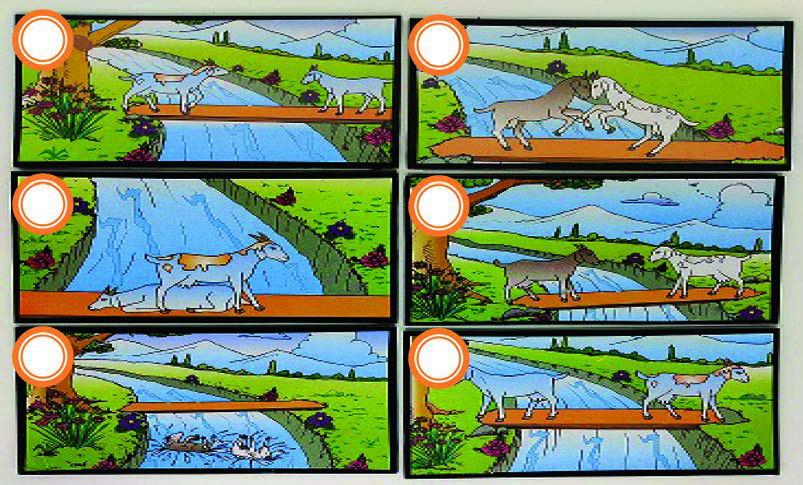 Six scenes of a story out of order: two pairs of goats meet on a narrow bridge, and the two pairs behave very differently.