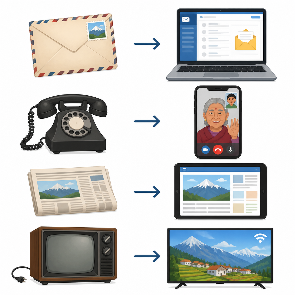 Old tools on the left and the internet tools that replaced them on the right: email for the letter, a video call for the telephone, online news for the newspaper, internet TV for cable TV.