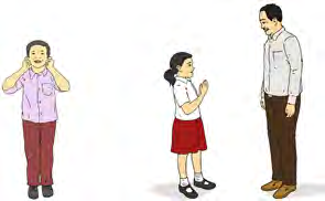 A girl joins her hands to say sorry to the man, while the boy covers his ears against the noise.