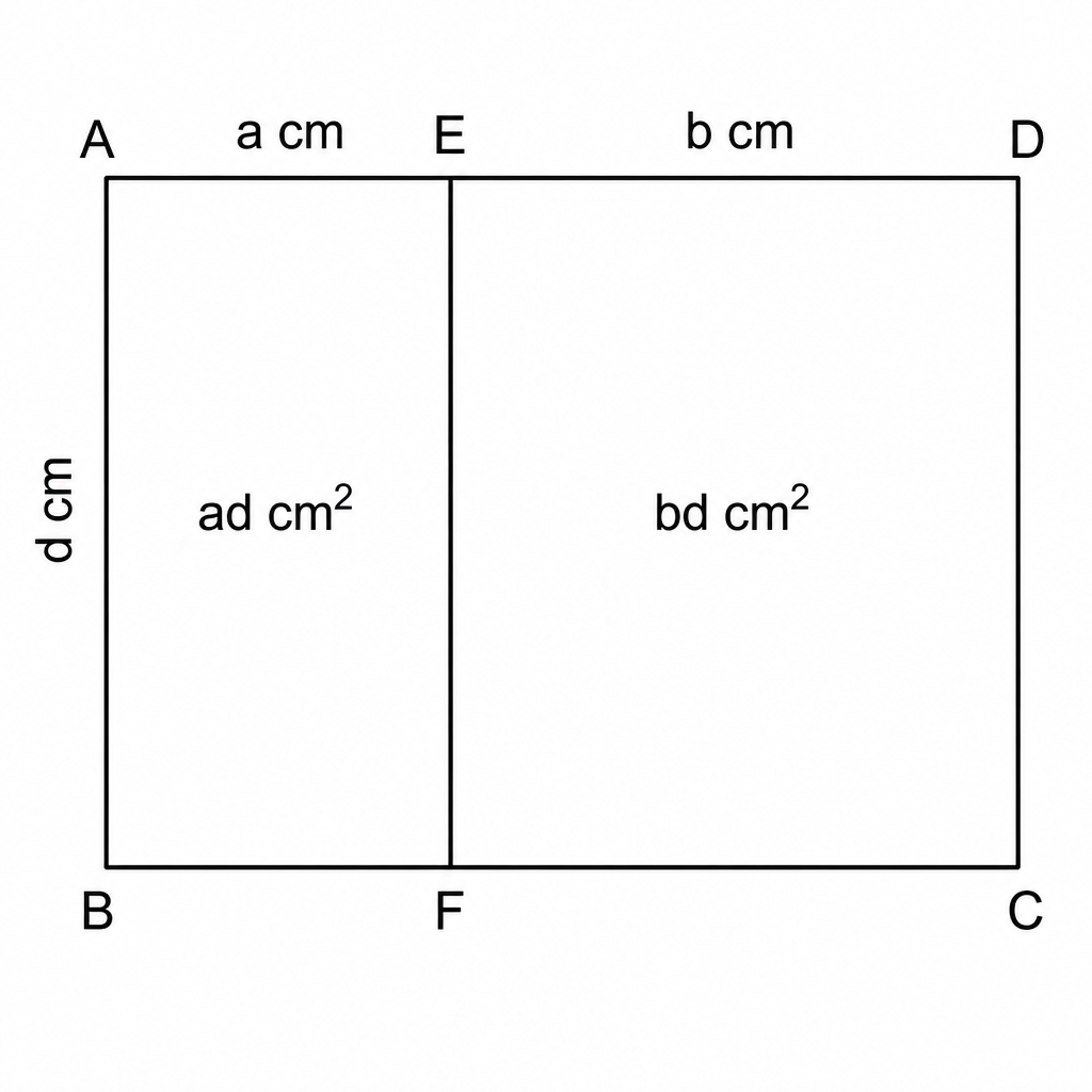 A rectangle \( (a + b) \) cm long splits into parts of \( ad \) cm² and \( bd \) cm², which is why \( (a + b) \times d = ad + bd \).