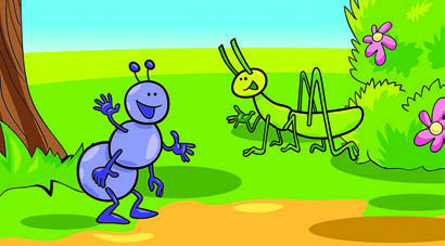 The ant and the grasshopper meet in summer, when one is storing food and the other is only singing.
