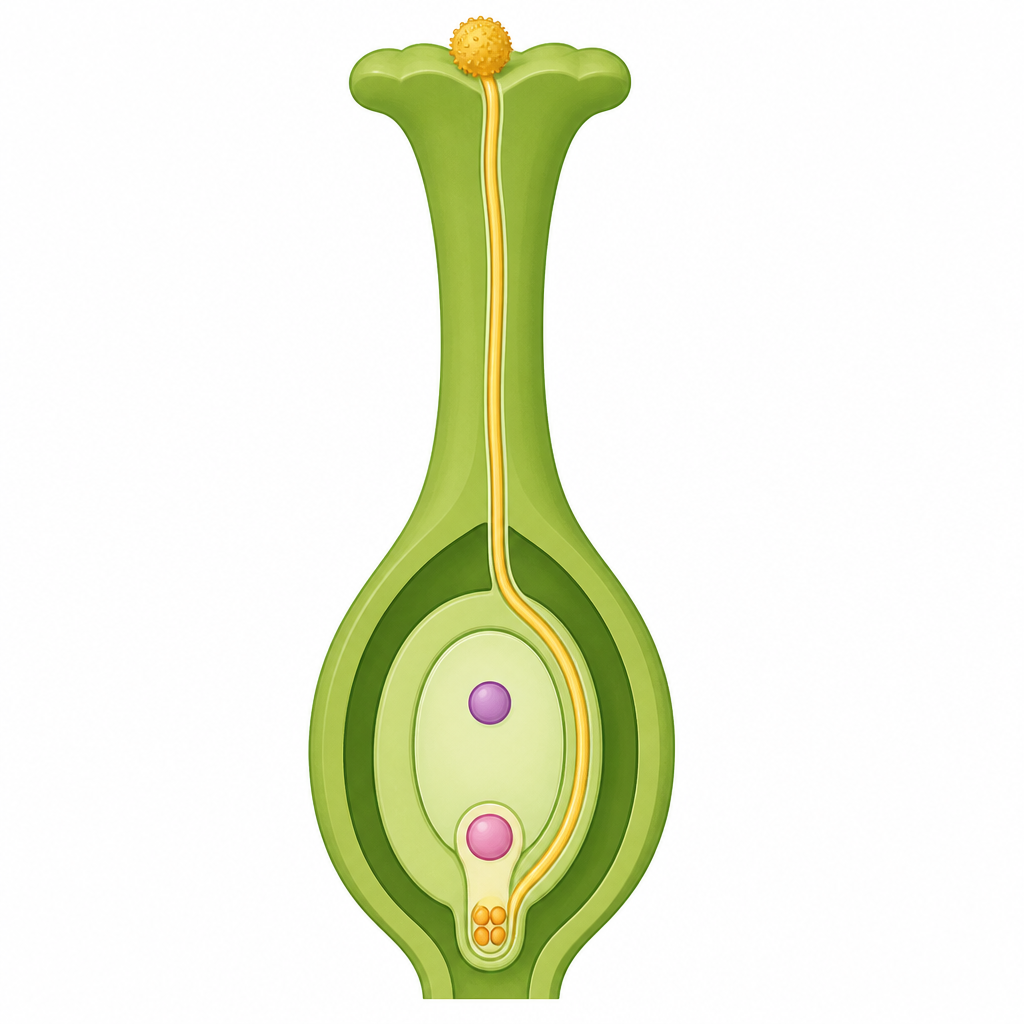 To follow double fertilization, a learner must see where the two male gametes arrive as the pollen tube grows down to the ovule.