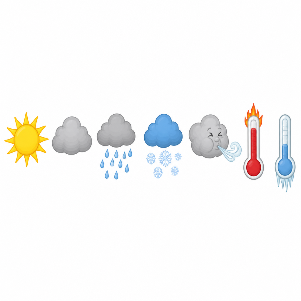 One symbol for each weather word: sunny, cloudy, rainy, snowy, windy, hot and cold.