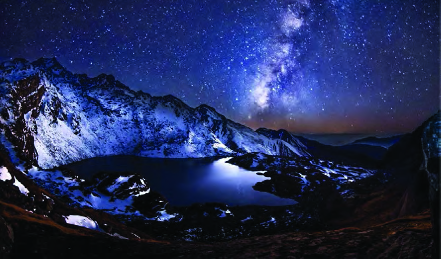 The Milky Way galaxy over the lake Gosaikunda. Every star in that band is a body producing heat and light, just as our Sun does.