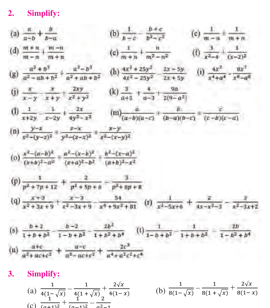Twenty-one sums and differences of algebraic fractions, from two-term pairs to three-term expressions with quadratic and fourth power denominators.