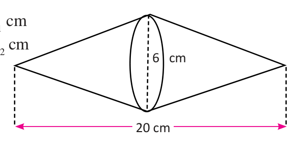 Two cones joined base to base: the common circle is 6 cm across and the solid is 20 cm from tip to tip.