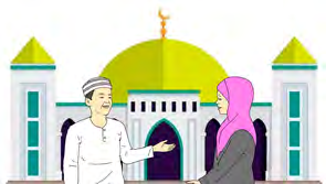 Two friends greeting each other outside the mosque on the day of Eid.