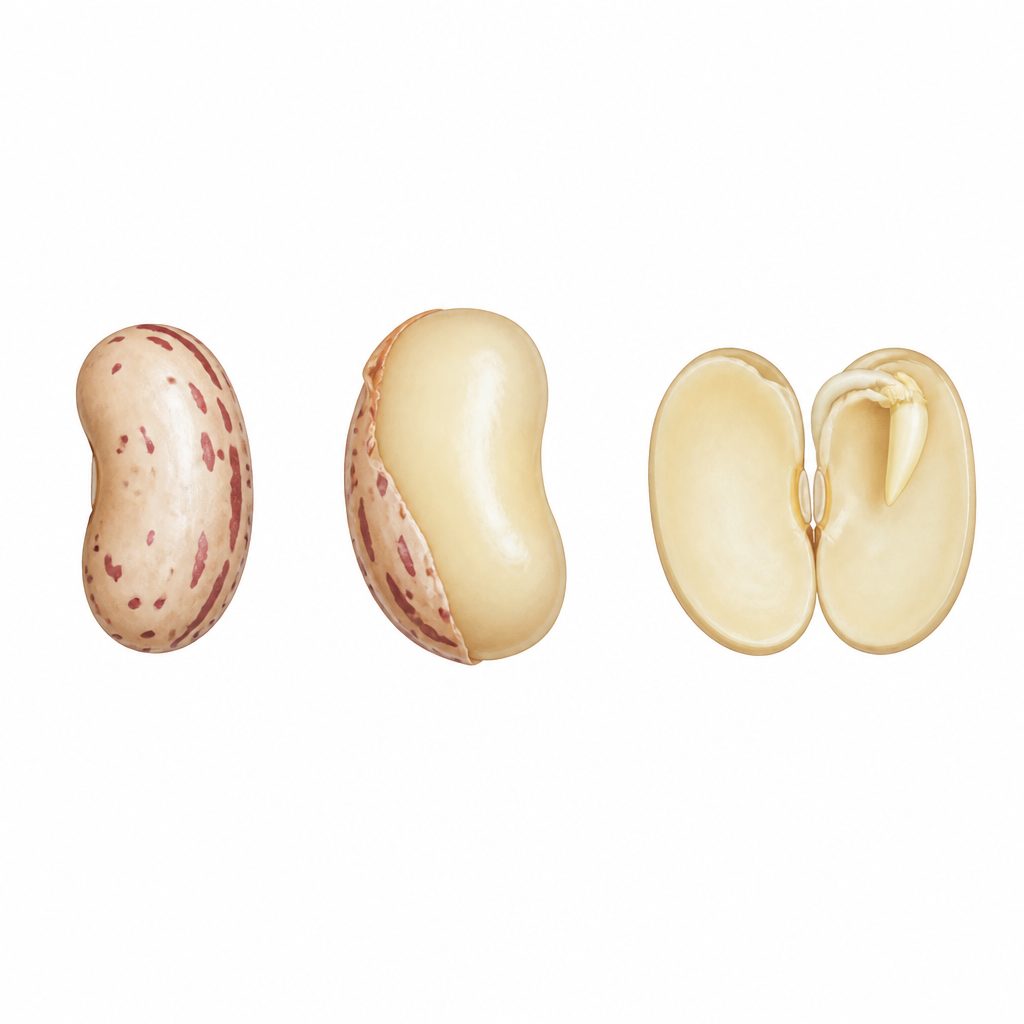 A soaked bean with its skin peeled back and its two halves opened, showing the tiny embryo held where they join.